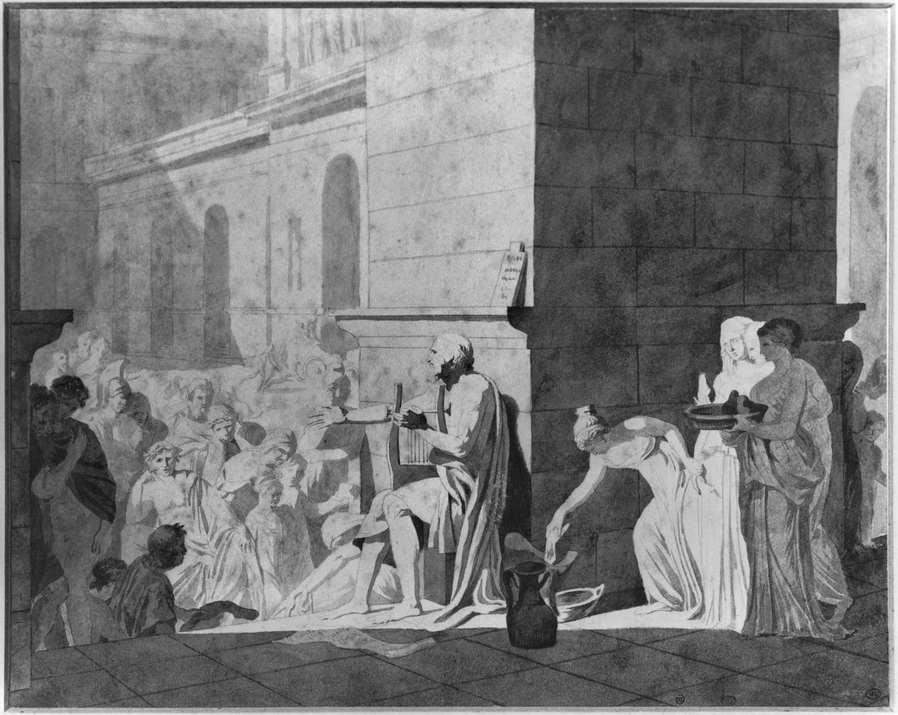 هوميروس يقرأ قصائده 1794 (قلم وحبر أسود وجرافيت وغسيل رمادي وطباشير أحمر على ورق) بواسطة جاك لويس ديفيد