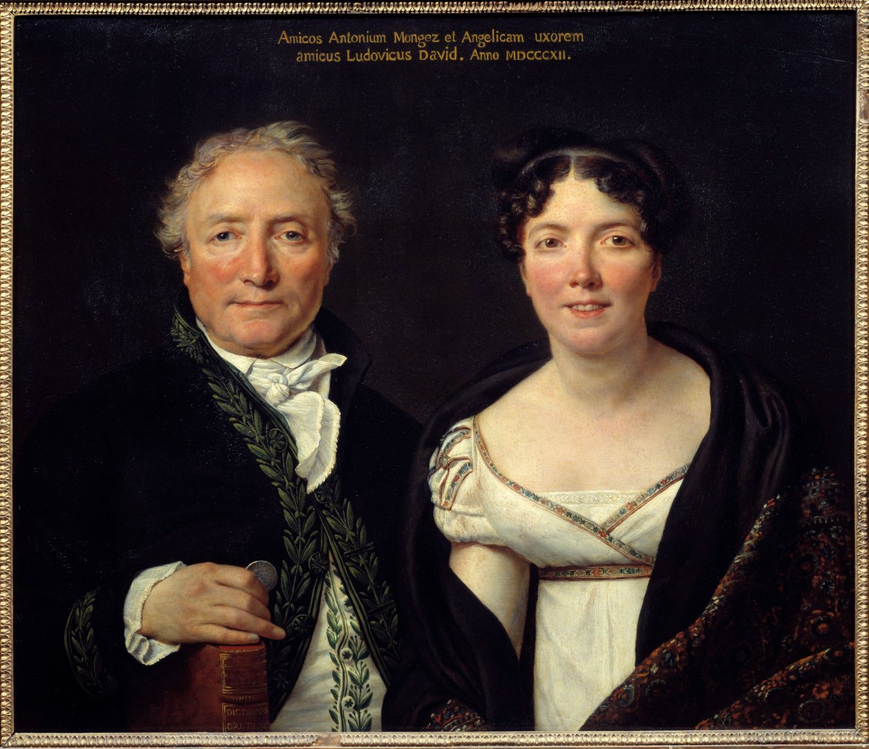 صورة أنطوان مونجيز (1747-1835) عالم الآثار وزوجته أنجيليك (1775-1855) الرسام أنطوان مونجز يقفان في زي أكاديمي ويحملان قطعة في يده لتذكر دوره كمسؤول عن العملات. لوحة جاك لويس ديفيد (1748- بواسطة جاك لويس ديفيد
