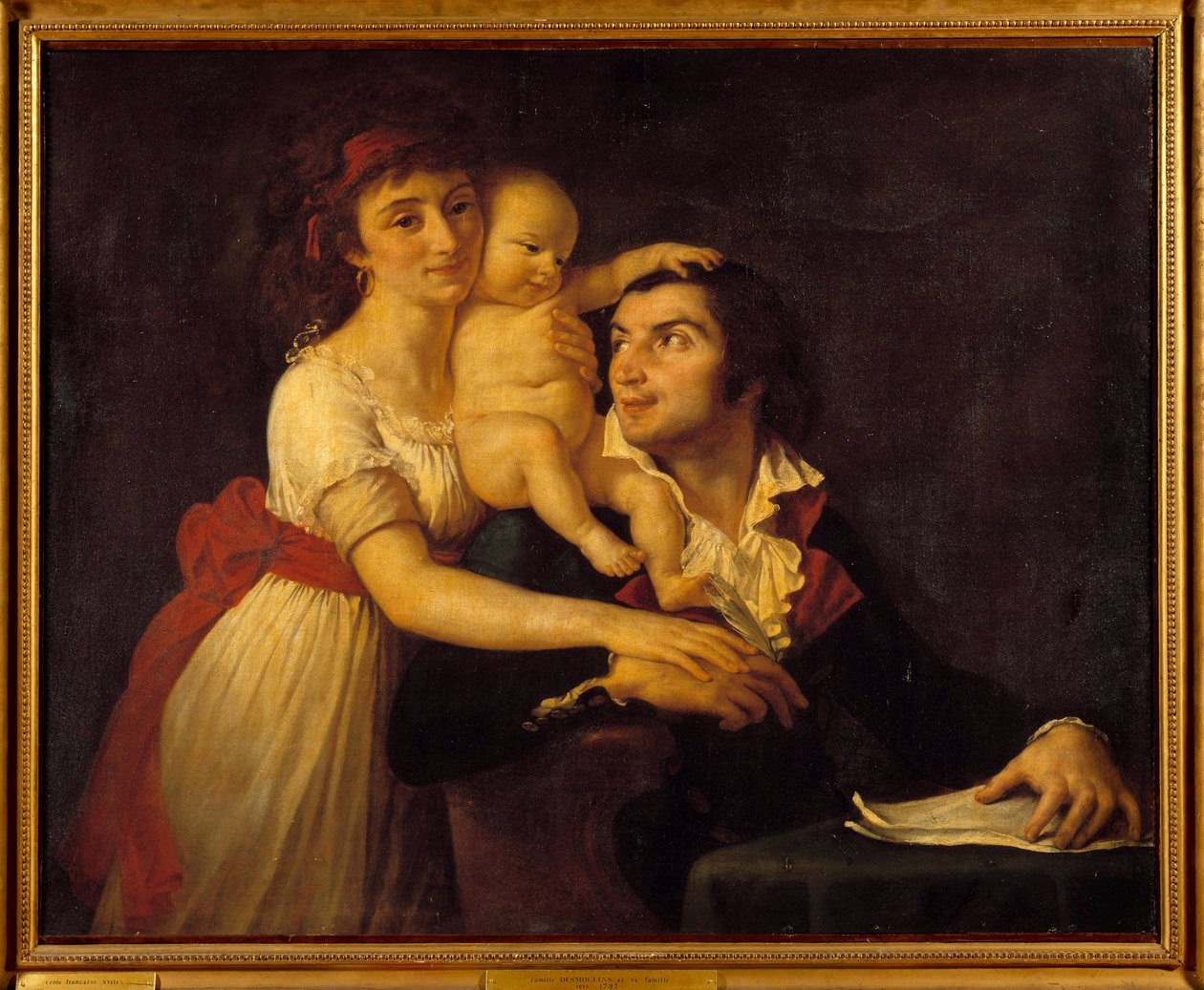 صورة لكاميل ديسمولين (1760-1794) زوجته لوسيل (1771-1794) وابنهما هوراس كميل (1792-1825) لوحة لجاك لويس ديفيد (1748-1825) القرن الثامن عشر. 1x1،23 م. فرساي ، متحف شاتو بواسطة جاك لويس ديفيد
