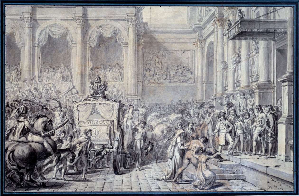 وصول عربة الإمبراطور نابليون الأول (1769-1821) إلى فندق دو فيل دو باريس في 16/12/1804 بمناسبة رسم حكومته لجاك لويس ديفيد (1748-1825) 1804 شمس. 0،26x0،4 م باريس ، متحف اللوفر بواسطة جاك لويس ديفيد