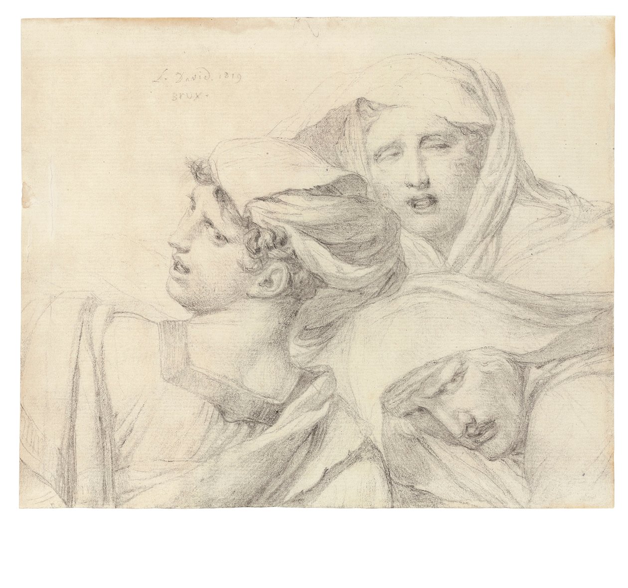 ثلاث سيدات يرتدين الزي الكلاسيكي ، طول الصدر ، مع تعبيرات مؤلمة ، 1819 بواسطة جاك لويس ديفيد