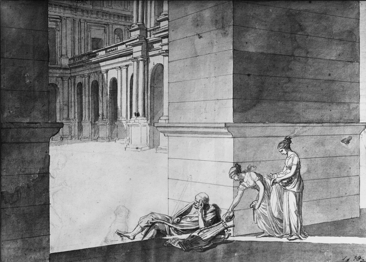 فتاتان صغيرتان تحضران الخبز إلى هومر نائمة ، ج 1794 (قلم وحبر هندي على ورق) بواسطة جاك لويس ديفيد