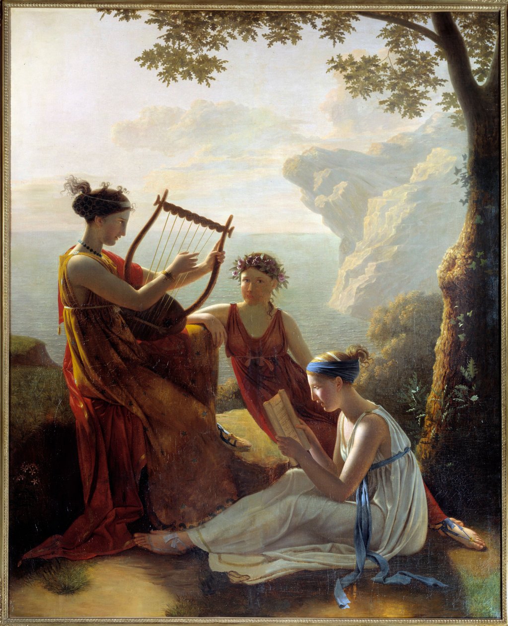 الشاعر اليوناني صافو (سافو) يعزف على القيثارة واثنين من رفاقها لوحة جاك لويس جراندين (1780-؟) 1808 باريس ، متحف مارموتان بواسطة جاك لويس ميشيل جراندين