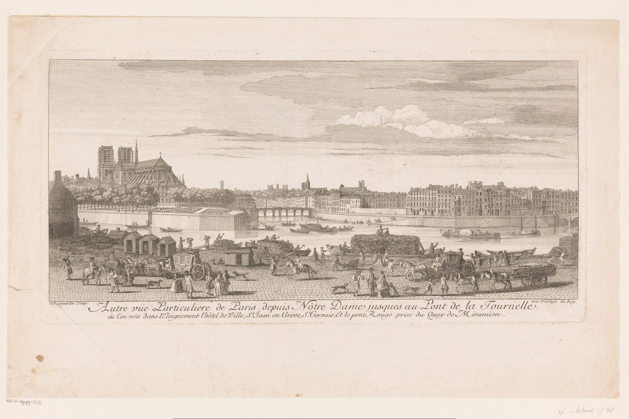 Gezicht op Parijs van de Notre Dame tot de Pont de la Tournelle منظر لباريس من نوتردام إلى Pont de la Tournelle (...) مأخوذ من Quai de Miramion (العنوان على الكائن) بواسطة جاك ريغو