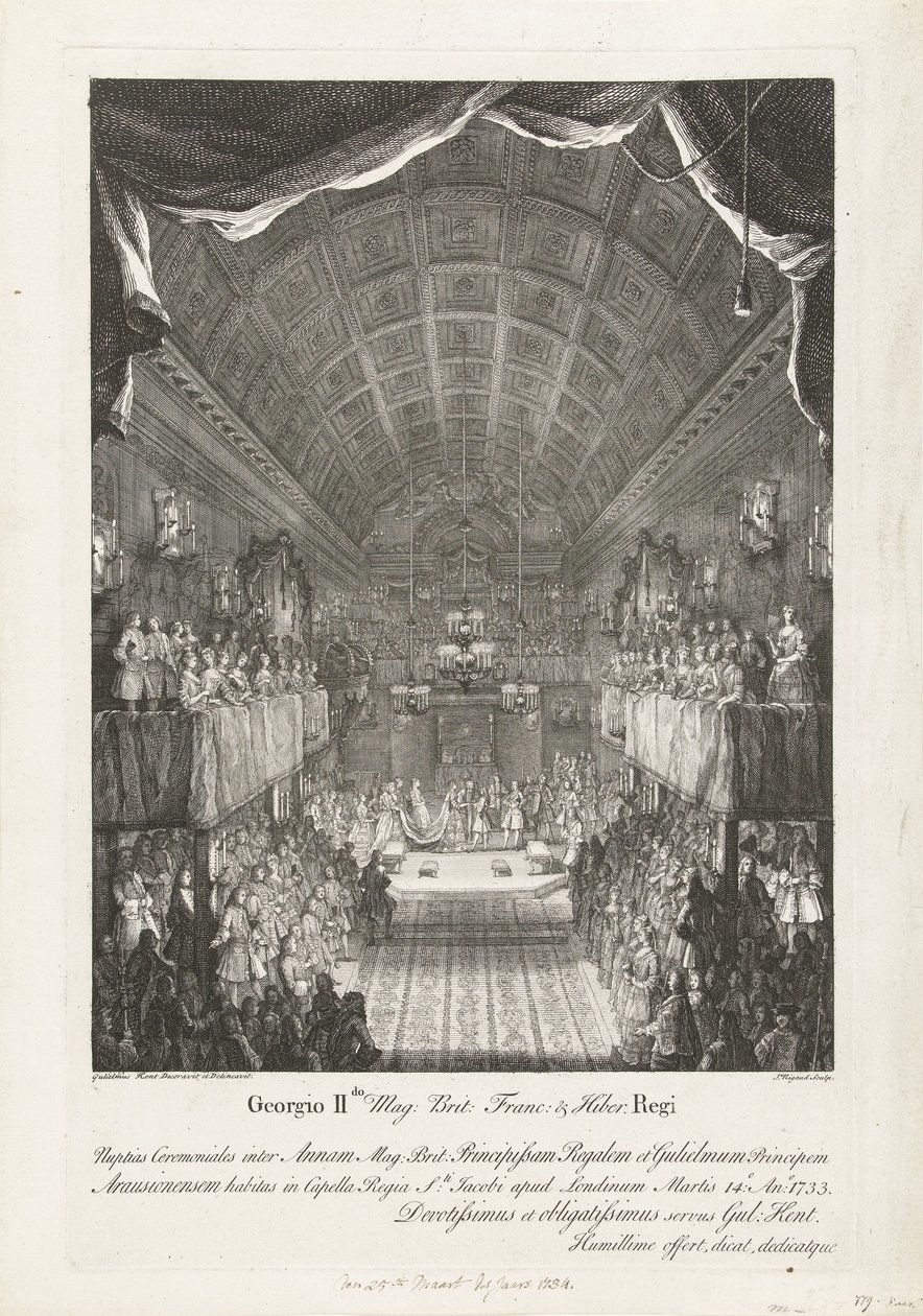 التقى Huwelijk van Willem IV مع prinses Anna ، 1734 جورج الثاني ماج: بريت: فرانك: وهيبر. حفل زفاف الملك بين آن (...) وويليام (...) الثلاثاء 14: أنو: 1733 (...) (العنوان على الكائن) بواسطة جاك ريغو