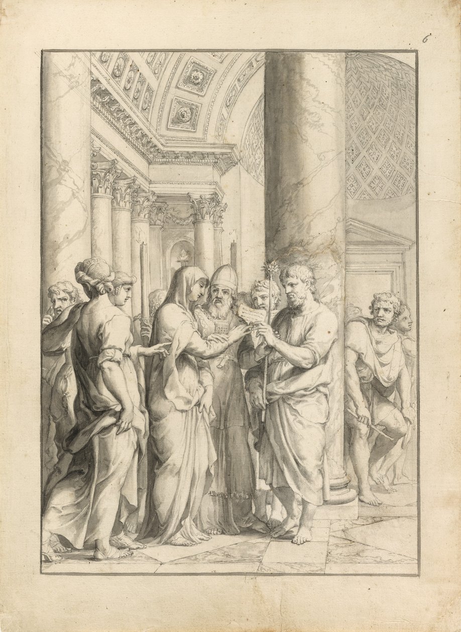 زواج العذراء ، حوالي عام 1640 (قلم وحبر أسود ، بفرشاة وغسل رمادي وبني باهت وغرافيت ، على ورق مضغوط كريمي مقطّع) بواسطة جاك ستيلا