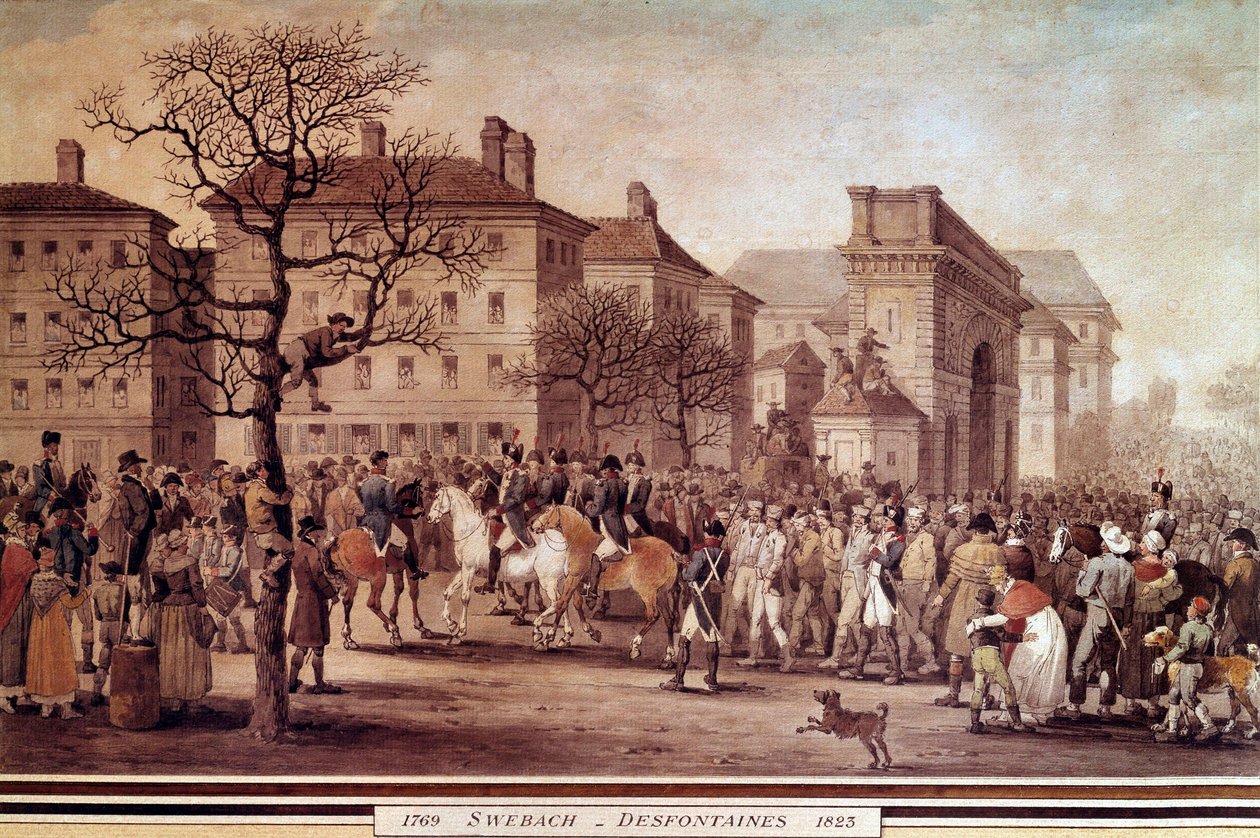 حملة فرنسا عام 1814: "" دخول أسرى جيوش الحلفاء (بما في ذلك روسيا وبروسيا) في باريس ، برفقة الحرس الوطني بقيادة ماريشال مونسي في 9/03/1814 "" طباعة حجرية لجاك سويباتش-ديسفونتين (1769- 1823) بواسطة جاك سويباتش ديسفونتين