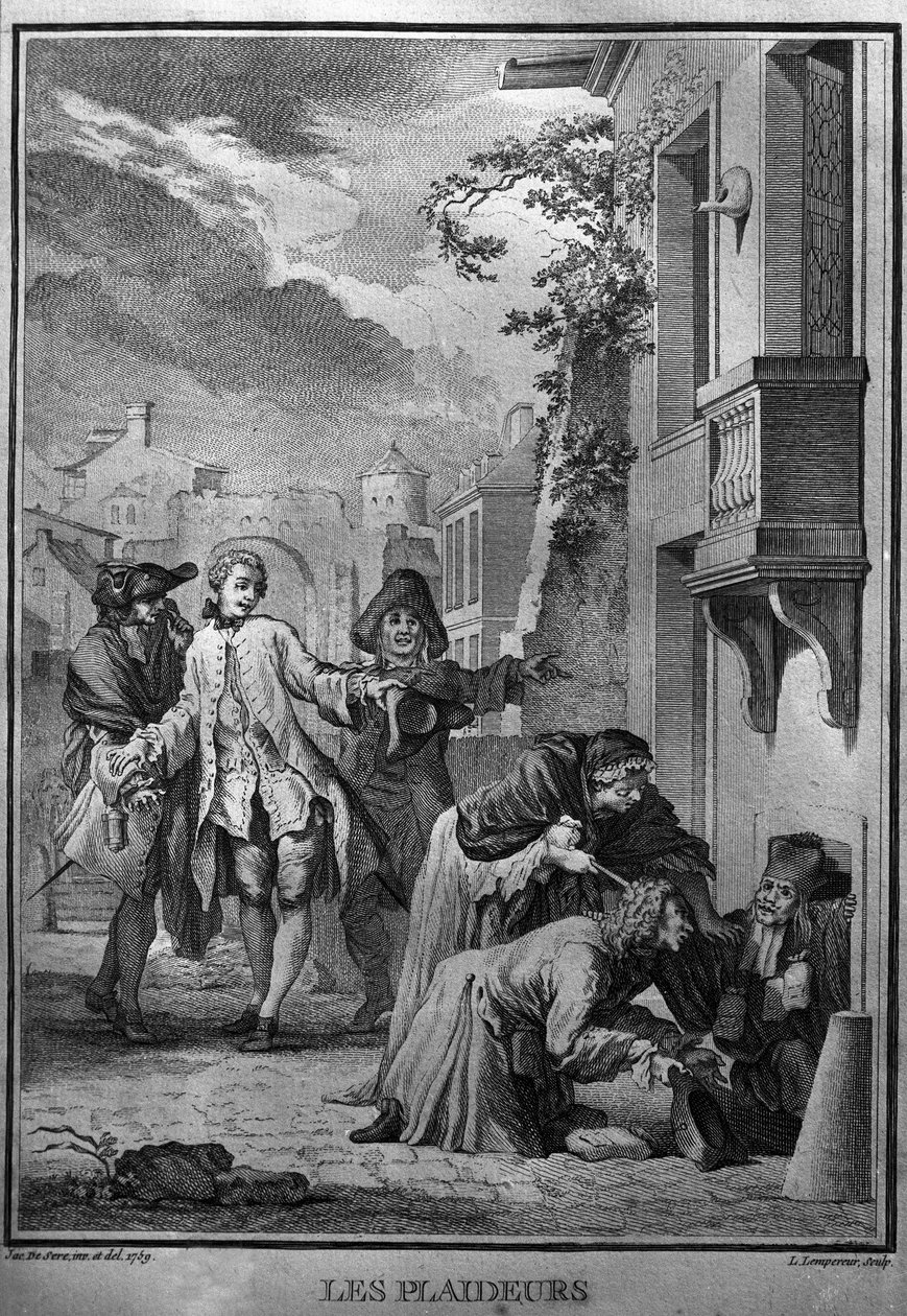 رسم توضيحي لـ Les Plaideurs بعد جاك دي سيف لأعمال جان راسين (1639-1699) ، الشاعر التراجيدي الفرنسي. نقش 1760. بواسطة جاك دي (بعد) سيف