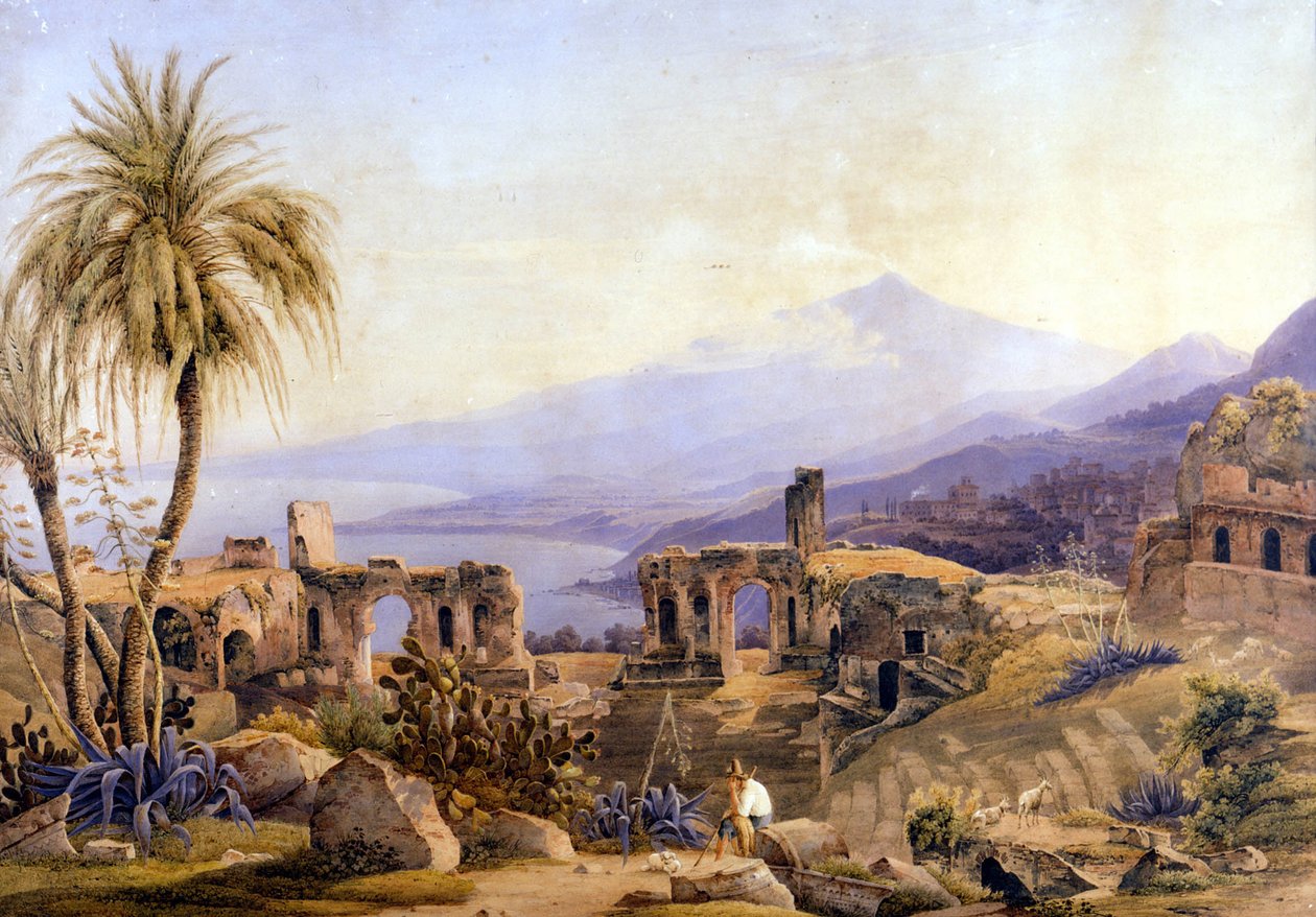تاورمينا في صقلية: الآثار وإيتنا. رسم جاكوب سوتر حوالي عام 1850. بواسطة جاكوب سوتر