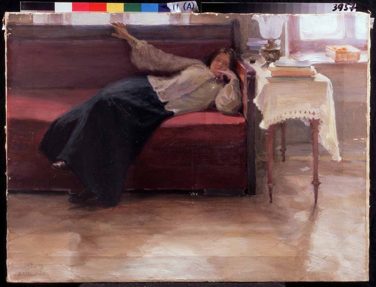 "أحلام" شابة متأمل مستلقية على الأريكة. رسم ياكوف كالينيتشينكو (1869-1938) 1904 الدولة الإقليمية الأولى متحف بوزالوستين للفنون ، رياسان بواسطة جاكوف ياكوفليفيتش كالينيتشينكو