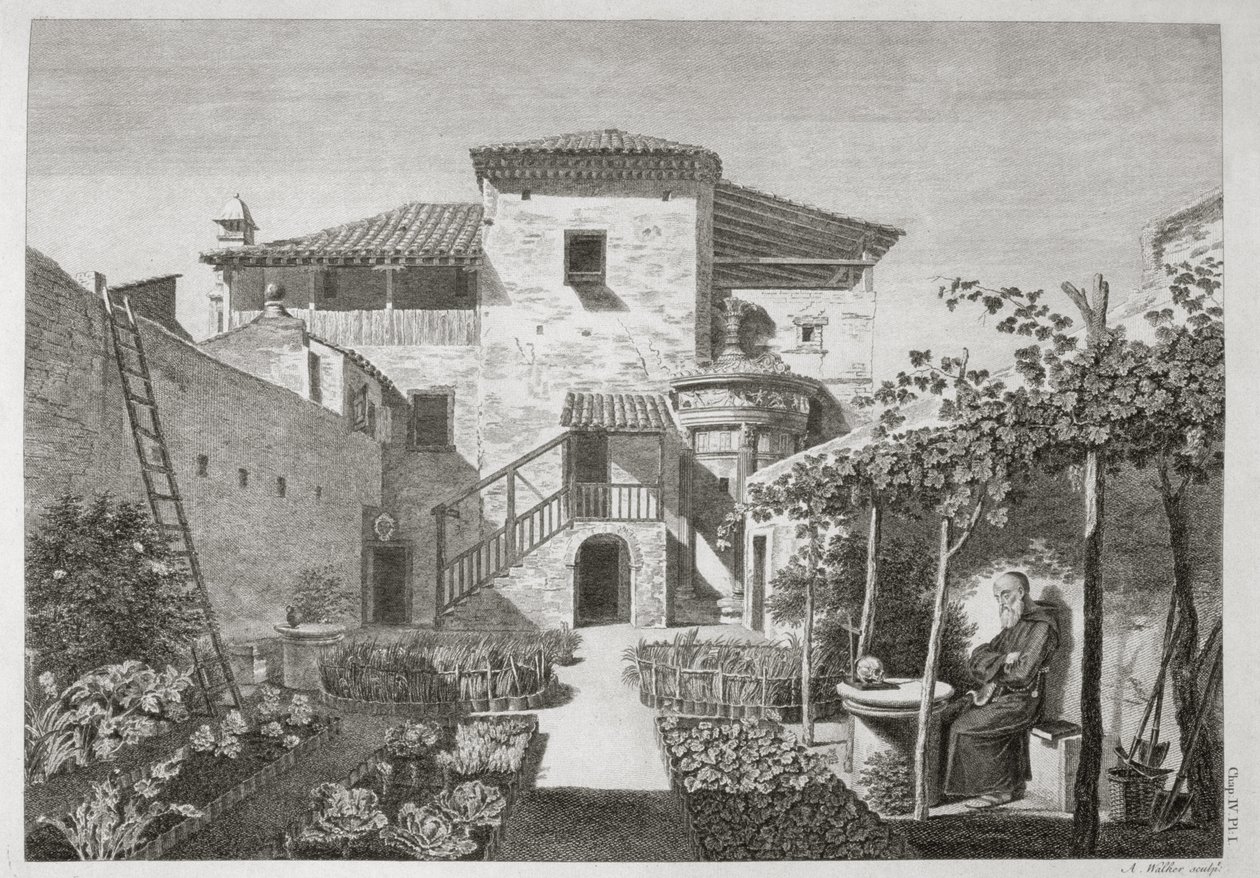 نصب Lysicrates في حديقة دير Capuchin ، أثينا ، من "آثار أثينا" ، نقشها أنتوني ووكر (1726-65) ، نشر 1762-1830 بواسطة بعد جيمس ستيوارت ونيكولاس ريفيت