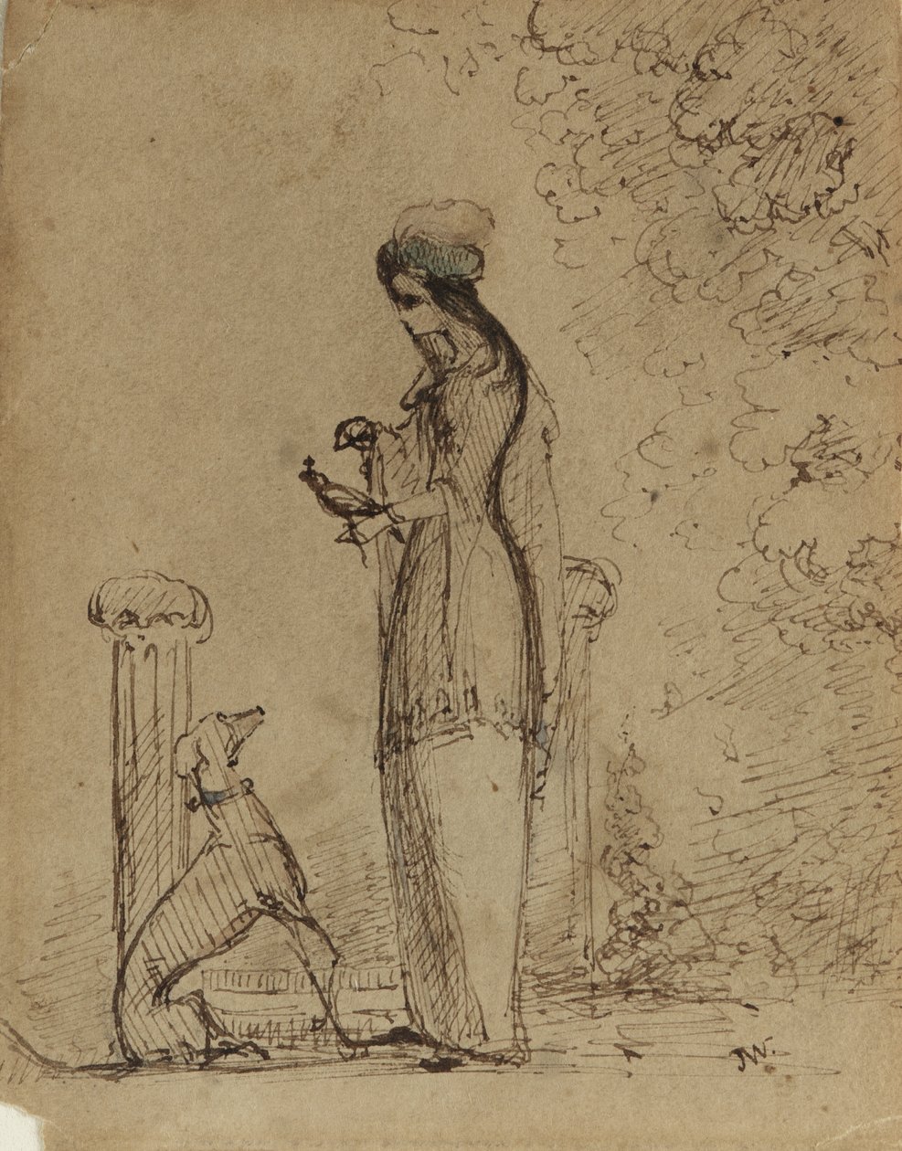 امرأة مع كلب وطيور ، c.1850-51 (قلم وحبر على ورق بني فاتح) بواسطة جيمس أبوت ماكنيل ويسلر