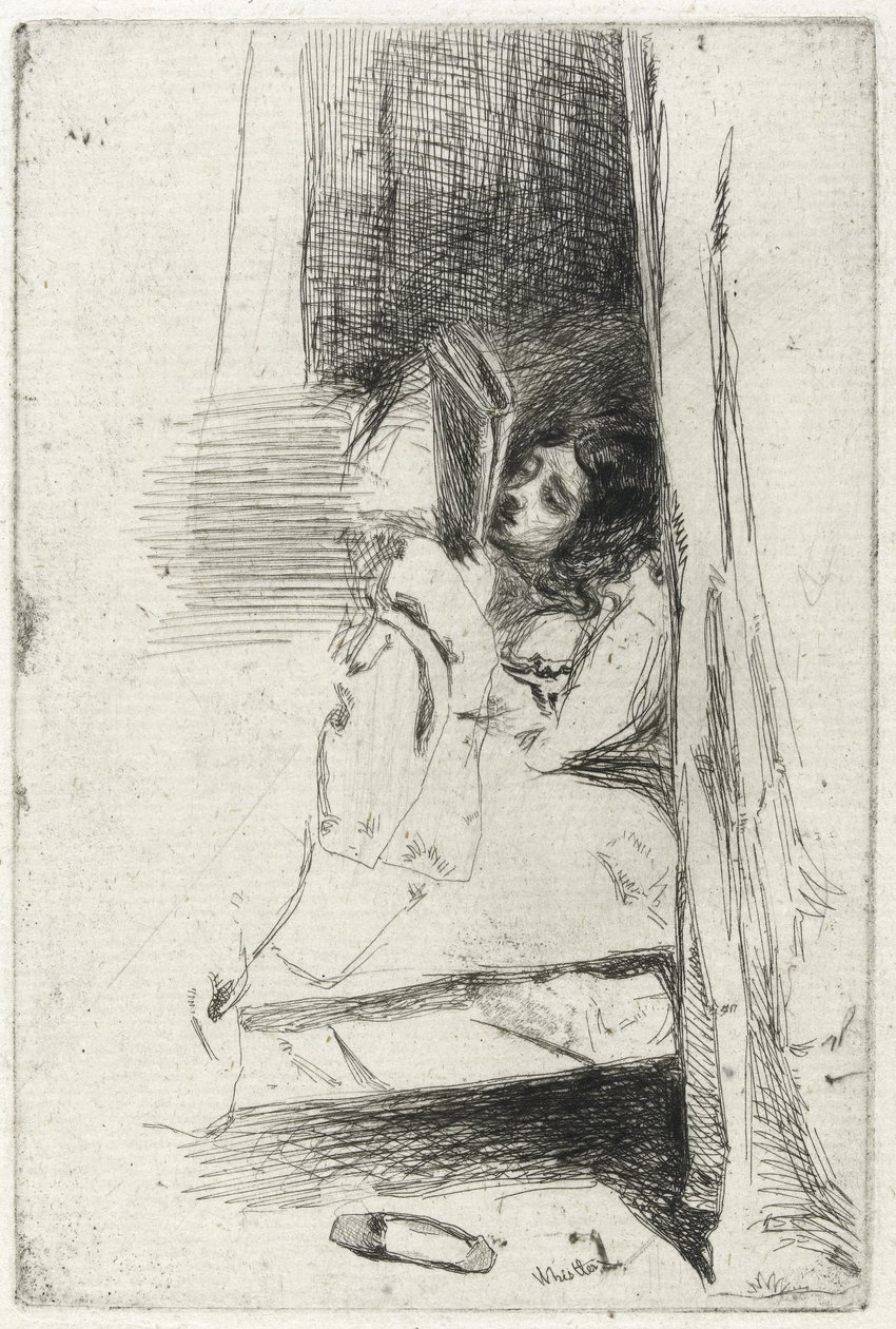 القراءة في السرير (The Slipper) 1858 (حبر الكربون الأسود على ورق قديم) بواسطة جيمس أبوت ماكنيل ويسلر