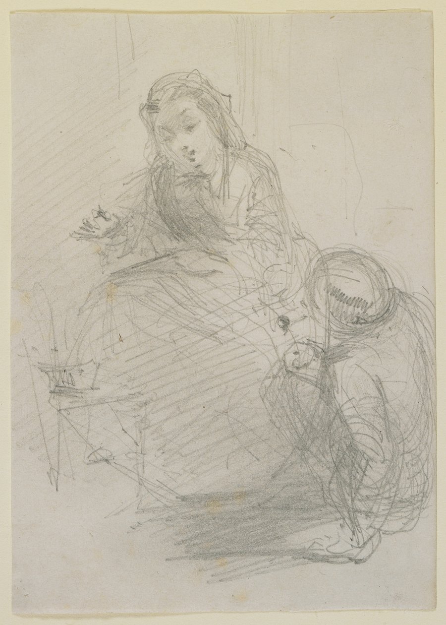 شخصان: فتاة جالسة ورجل على الأرض على يسارها ، c. 1855-59 (قلم رصاص على ورق أبيض فاتح) بواسطة جيمس أبوت ماكنيل ويسلر
