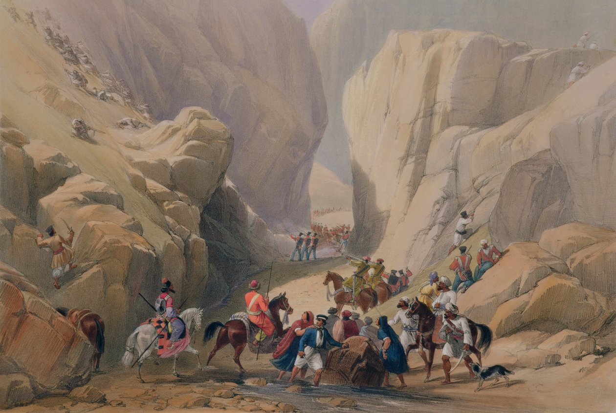 الافتتاح في الممر الضيق فوق سيري بولان ، من "اسكتشات في أفغانستان" ، نقشها تشارلز هاغي (1810-1888) ولويس هاغي (1806-1885) نشرها هنري جريفز ، 1842 بواسطة جيمس أتكينسون