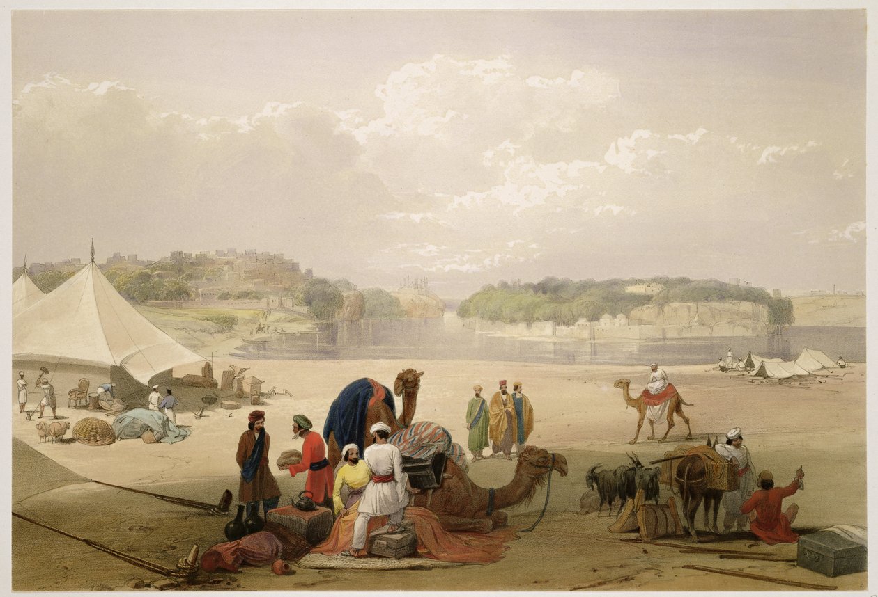 مدينة روري ، وحصن بوككر ، على نهر السند ، من "اسكتشات في أفغانستان" ، نقشها تشارلز هاغي (1810-1888) ولويس هاغي (1806-1885) ، نشرها هنري جريفز ، 1842 (لون لي بواسطة جيمس أتكينسون
