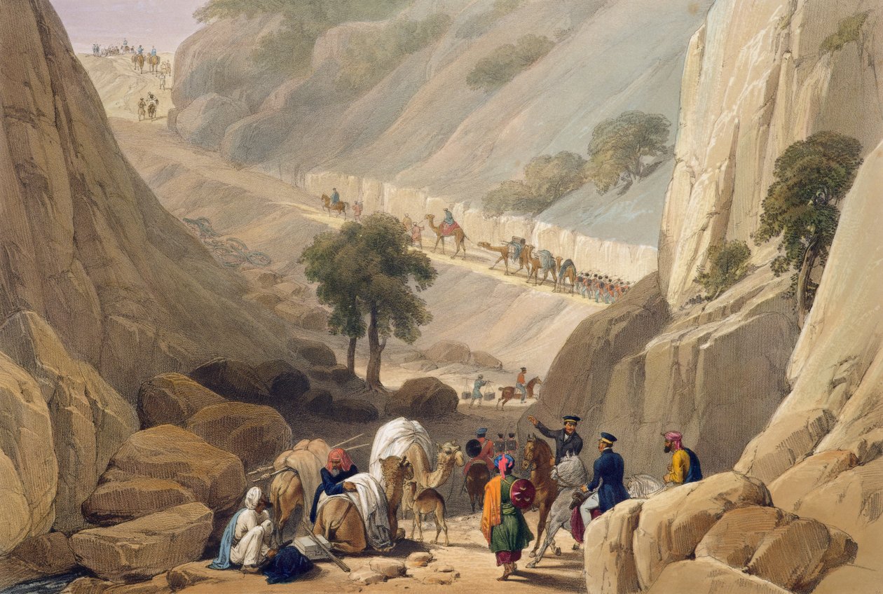 القوات الناشئة من الجزء الضيق من الممر في ممر كوجا ، من "اسكتشات في أفغانستان" ، نقشها تشارلز هاغي (1810-1888) ولويس هاغي (1806-1885) ، نشرها هنري جريفز ، 18 بواسطة جيمس أتكينسون