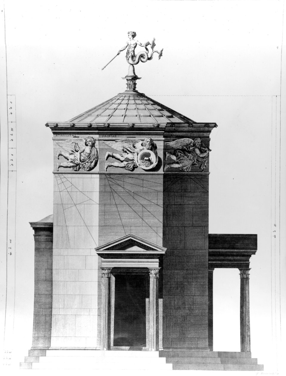 إعادة بناء برج الرياح في أغورا الرومانية في أثينا ، محفورة عام 1762 بواسطة جيمس باسيري