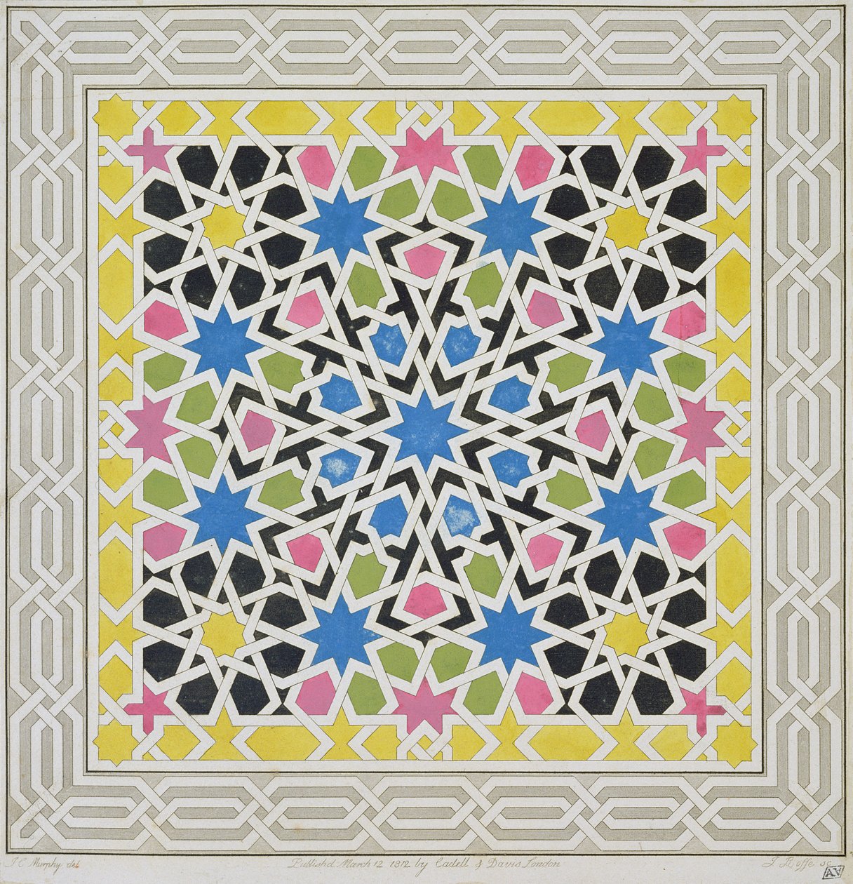 تصميم فسيفساء من قصر الحمراء ، من `` الآثار العربية لإسبانيا &39;&39; ، نشر عام 1815 بواسطة جيمس كافانا ميرفي