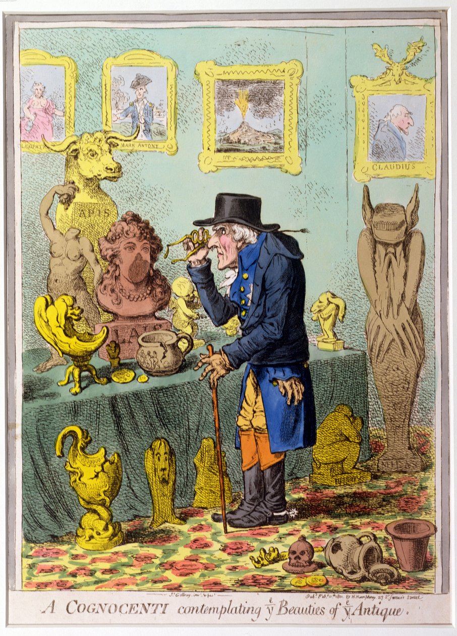 A Cognocenti تفكر في جمال يي أنتيك ، التي نشرتها هانا همفري في عام 1801 (النقش الملون يدويًا) بواسطة جيمس جيلراي