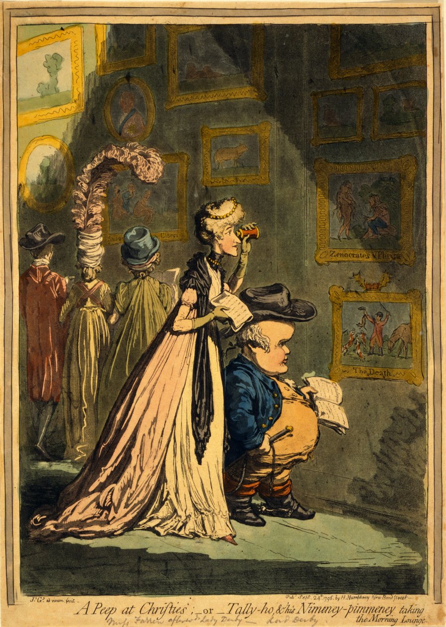 نظرة خاطفة على Christies ، أو Tally-ho و Nimeney-Pimmeney يأخذان صالة الصباح ، الحانة. 1796 (نقش ملون) بواسطة جيمس جيلراي
