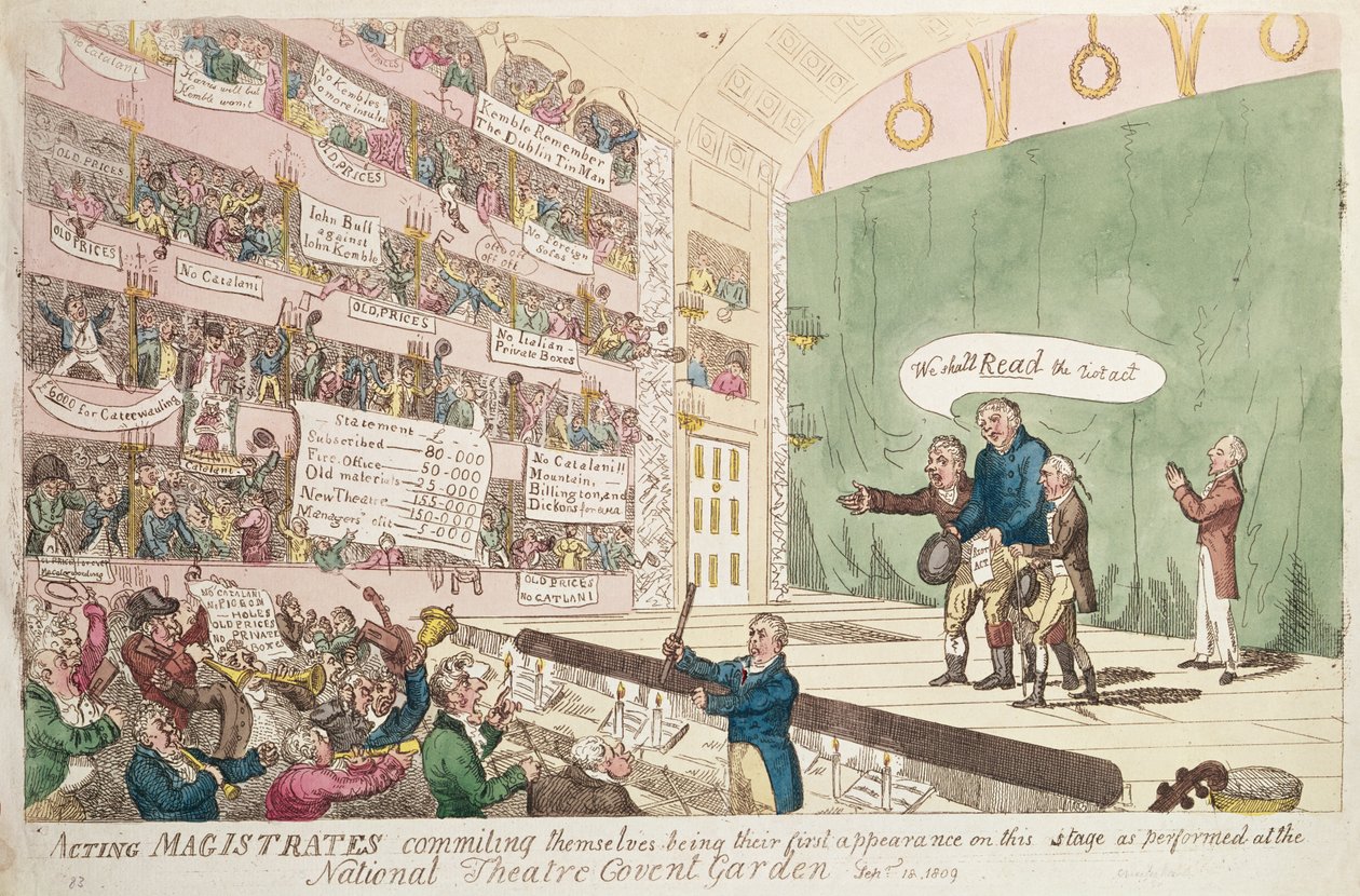 قضاة التمثيل بالإنابة ، كونهم أول ظهور لهم في المسرح الوطني كوفنت غاردن ، لندن ، 1809 (نقش الألوان) بواسطة جيمس جيلراي