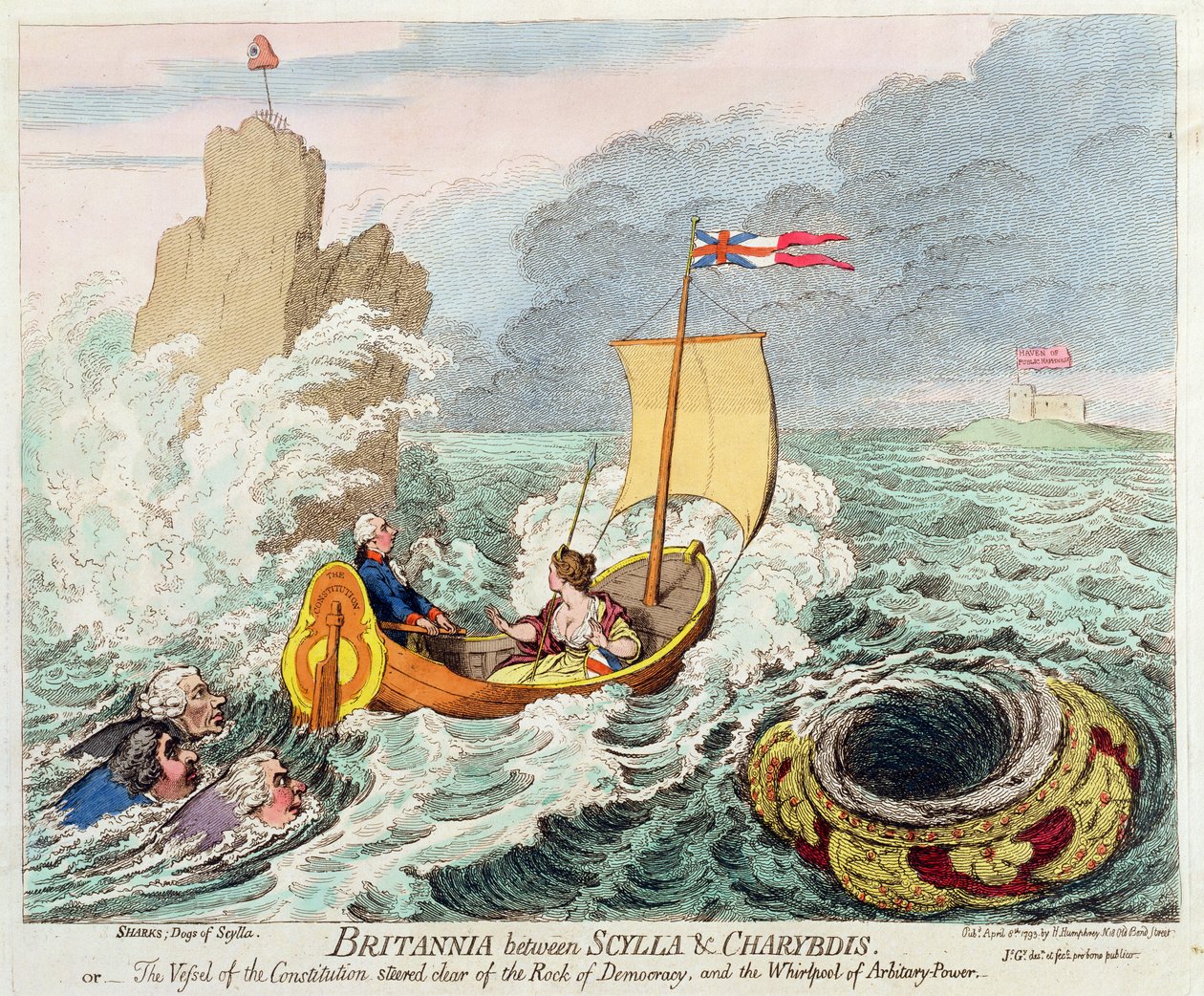 بريتانيا بين Scylla und Charybdis ، أو سفينة الدستور التي أفلتت من صخرة الديمقراطية ودوامة السلطة التعسفية ، التي نشرتها هانا همفري في عام 1793 (ملونة باليد وما إلى ذلك) بواسطة جيمس جيلراي
