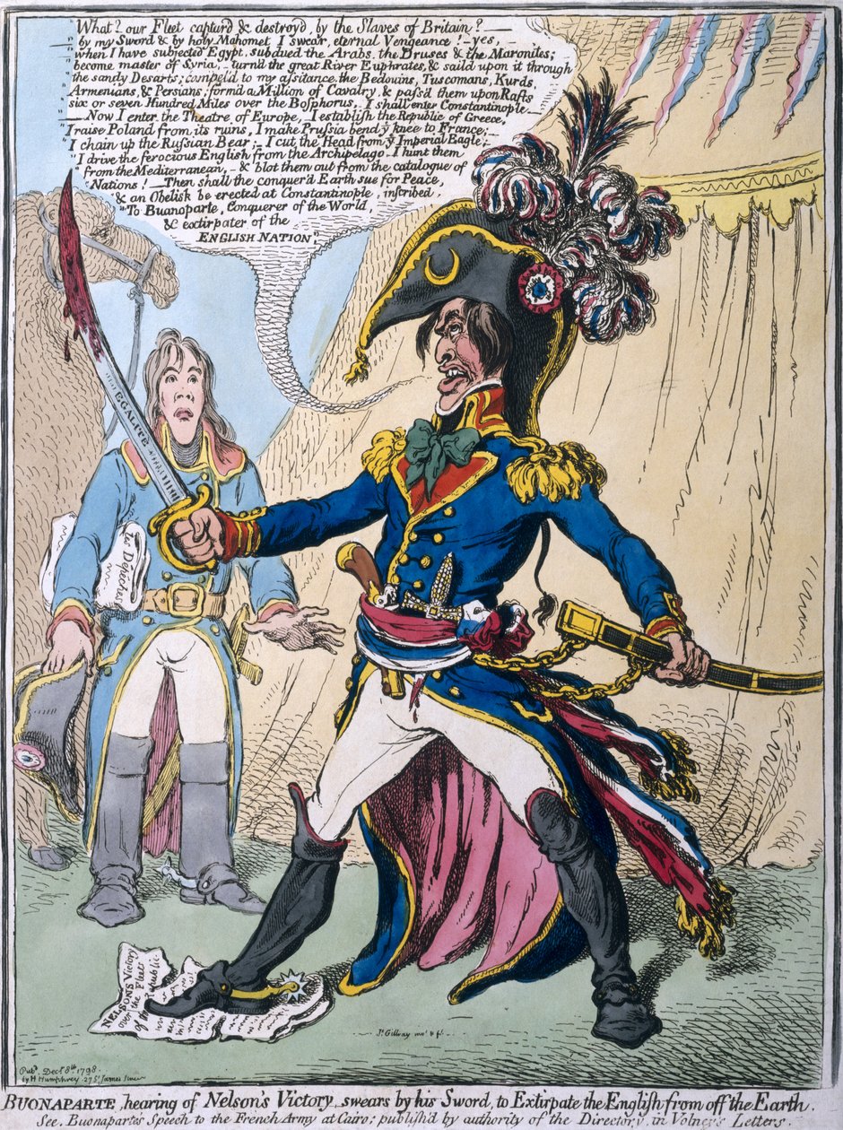 سماع Buonaparte عن انتصار نيلسون يقسم بواسطة سيفه لاستئصال الإنجليزية من على الأرض ، نشرته هانا همفري في 1798 (النقش اليدوي) بواسطة جيمس جيلراي