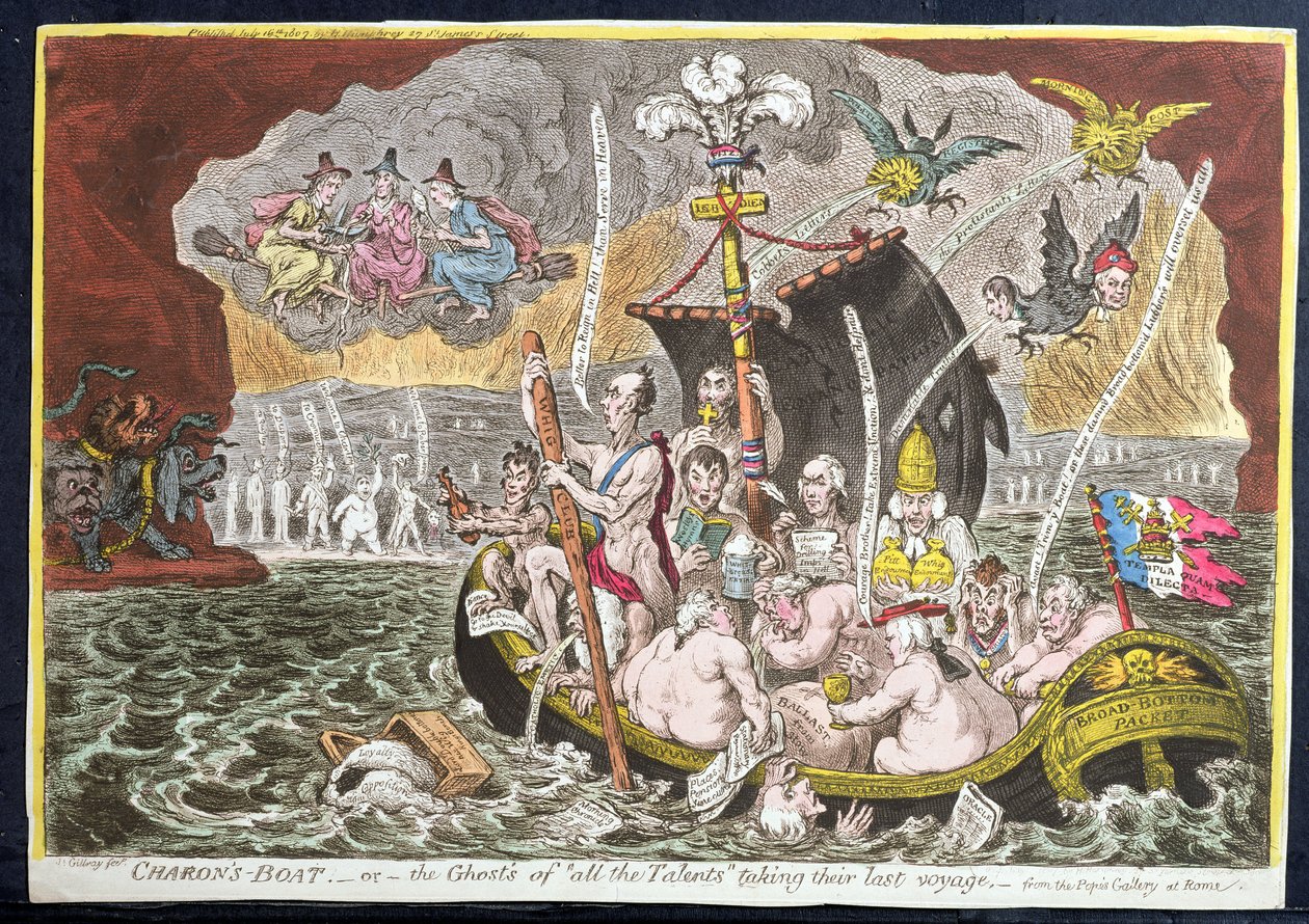 قارب Charon ، أو The Ghost&39;s of &39;All Talents&39; أخذ رحلتهم الأخيرة ، نشرته Hannah Humphrey ، 1807 (النقش اليدوي مع بعض aquatint) بواسطة جيمس جيلراي