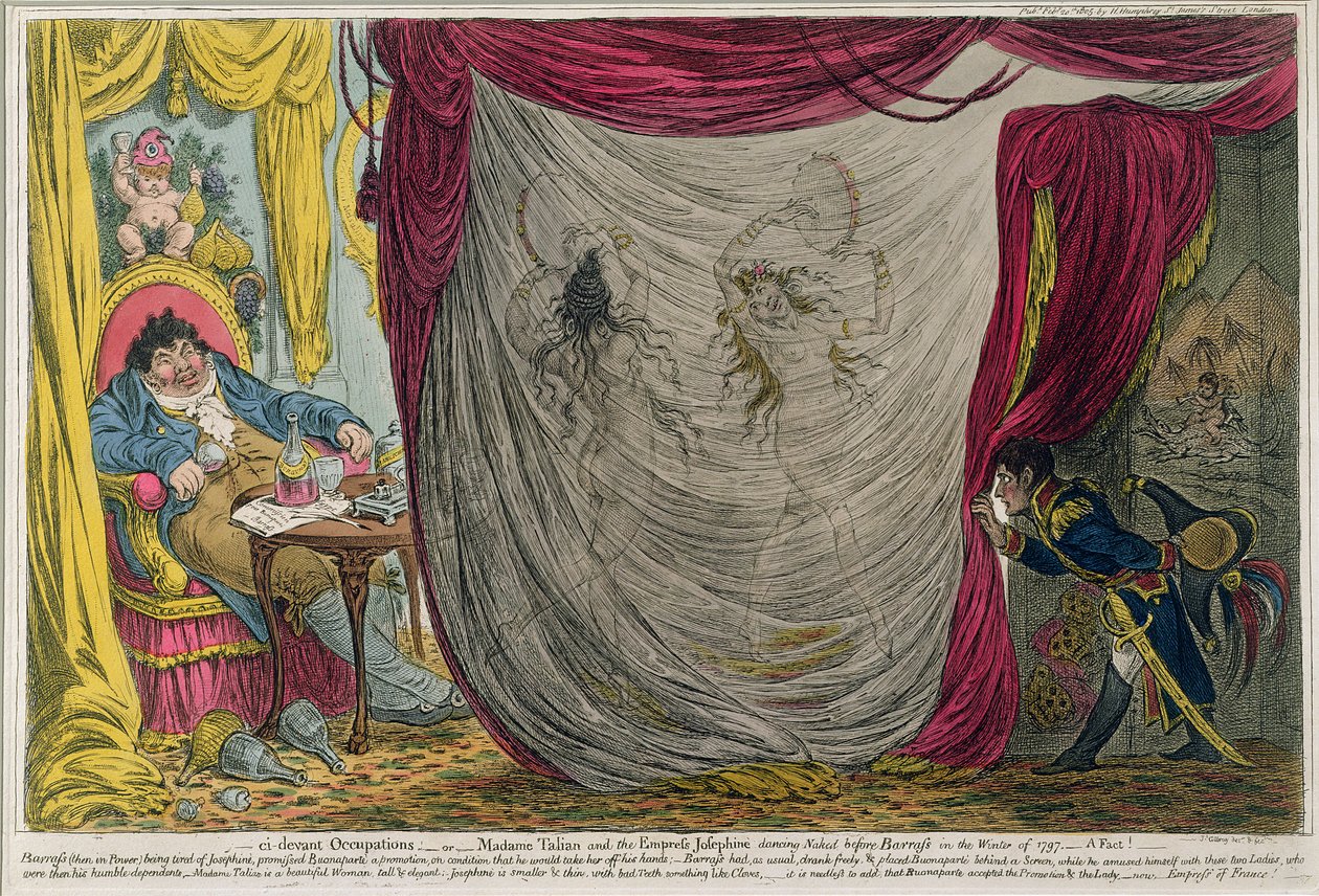 Ci-devant Occupations ، أو Madame Talian و Empress Josephine Dancing Naked before Barrass in Winter of 1797 ، التي نشرتها هانا همفري في عام 1805 (النقش باستخدام aquatint) بواسطة جيمس جيلراي