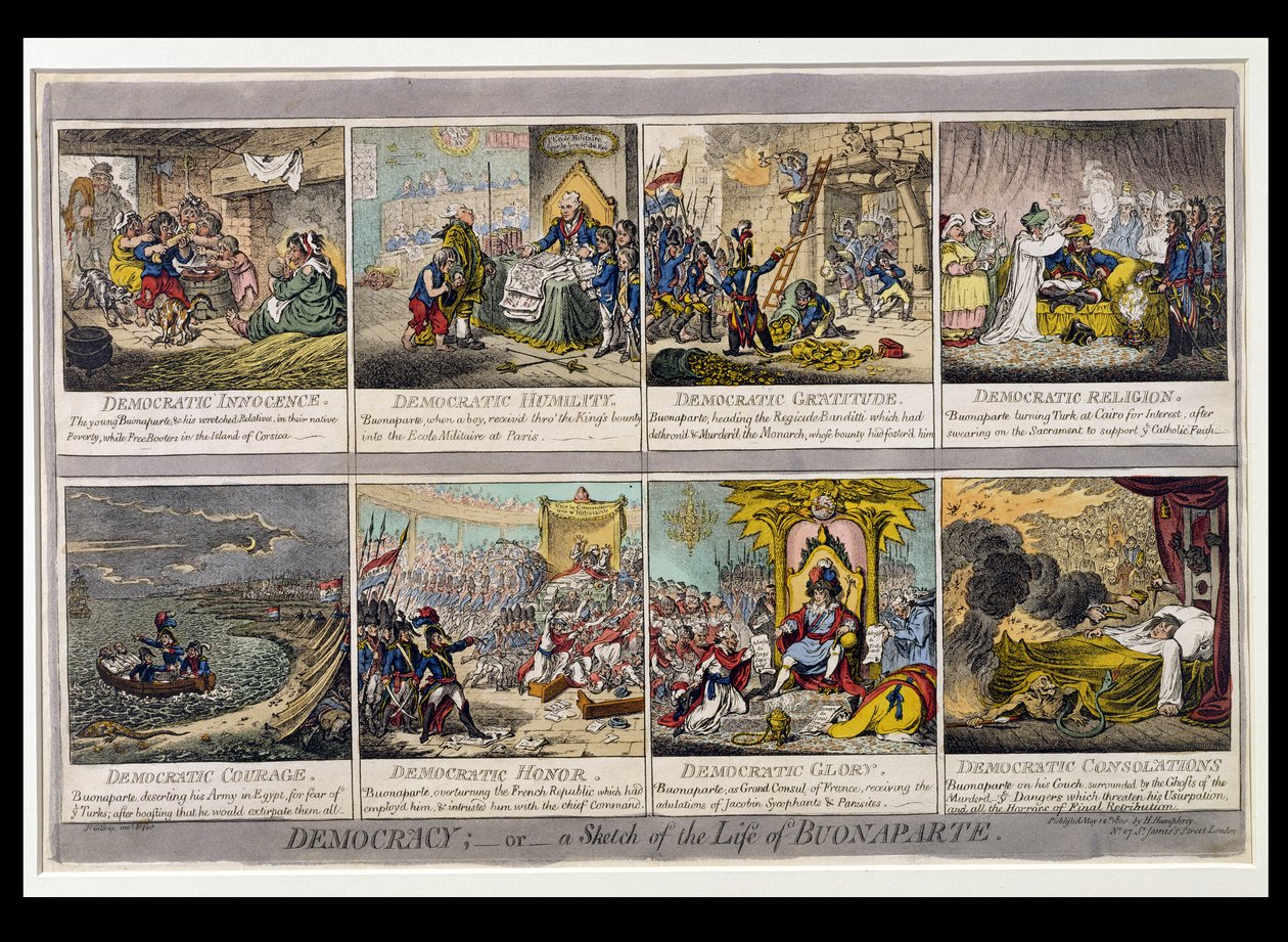 الديمقراطية ، أو رسم تخطيطي لحياة بونابرت ، نشرته هانا همفري في عام 1800 (النقش الملون يدويًا) بواسطة جيمس جيلراي