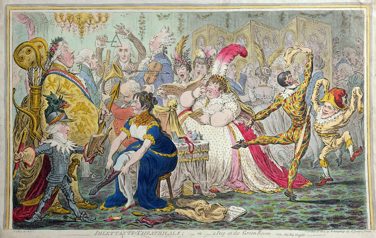 Dilettanti Theatricals ، أو نظرة خاطفة في الغرفة الخضراء ، نشرتها هانا همفري في عام 1803 (النقش الملون يدويًا) بواسطة جيمس جيلراي