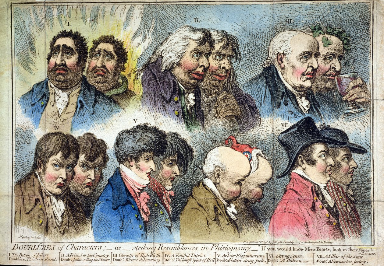 مضاعفات الشخصيات ، أو التشابه اللافت في Phisiognomy ، التي نشرها J.Right في عام 1798 (النقش الملون يدويًا) بواسطة جيمس جيلراي