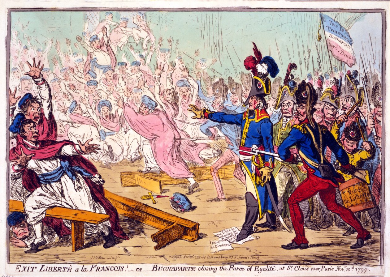 الخروج من Libertè a la Francois! أو Buonaparte تغلق Farce of Egalité ، في St. Cloud بالقرب من باريس في 10 نوفمبر 1799 ، الحانة. 1799 (نقش ملون) بواسطة جيمس جيلراي