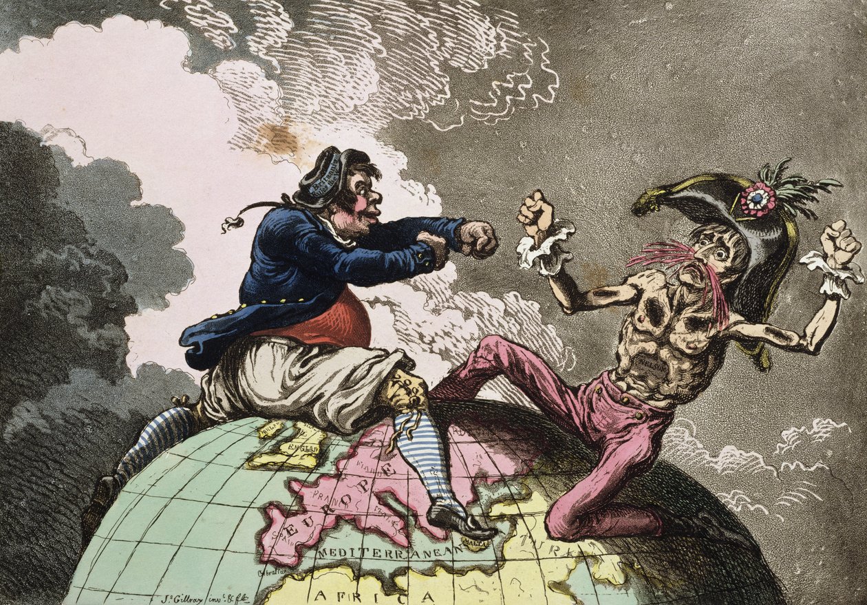 القتال من أجل Dunghill ، أو Jack Tar Settl&39;ing Buonaparte ، نشرته Hannah Humphrey في عام 1798 (النقش باستخدام aquatint) بواسطة جيمس جيلراي