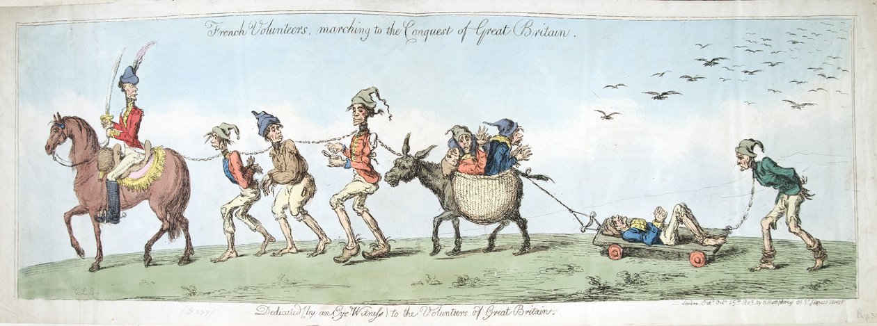 المتطوعون الفرنسيون ، يسيرون إلى غزو بريطانيا العظمى ، نشرته هانا همفري في عام 1799 (النقش الملون يدويًا) بواسطة جيمس جيلراي