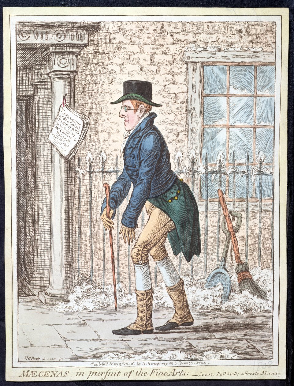 Maecenas سعيًا للفنون الجميلة ، أو المشهد ، Pall Mall ؛ صباح متجمد ، نشرته هانا همفري عام 1808 (حفر يدوي) بواسطة جيمس جيلراي