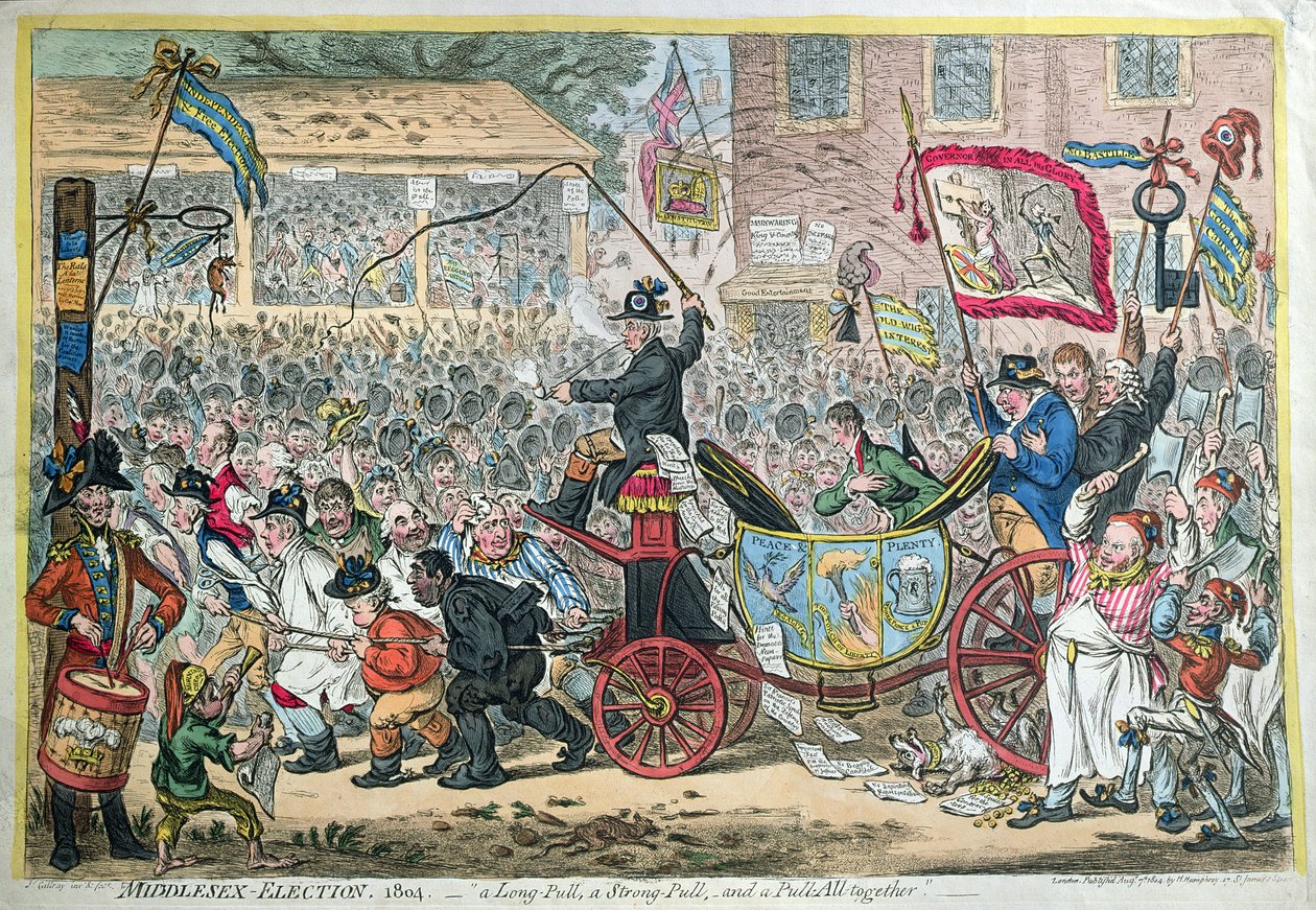 Middlesex Election ، 1804 ، أو سحب طويل ، سحب قوي ، وسحب جميعًا ، نشرته Hannah Humphrey في 1804 (النقش الملون يدويًا) بواسطة جيمس جيلراي