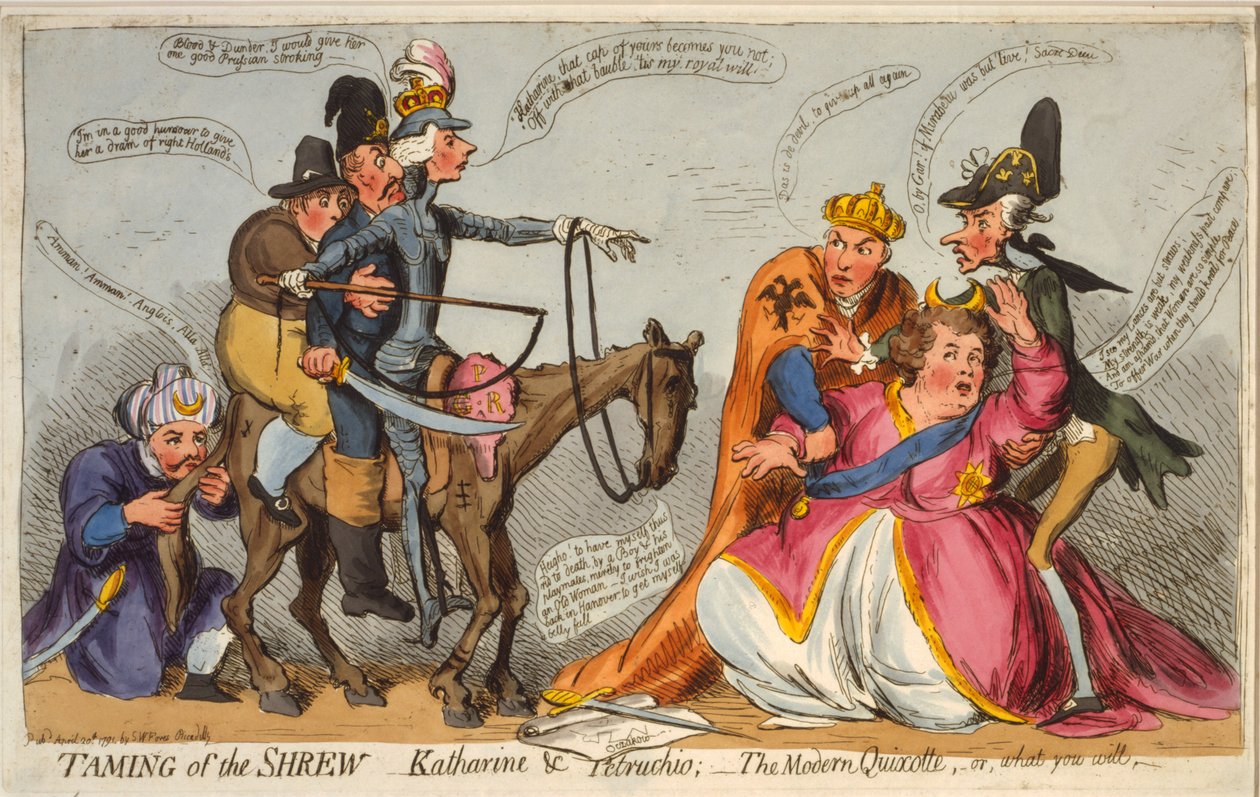 ترويض النمرة ، كاثرين وبتروتشيو ، The Quixotte الحديث أو ما تريد ، 1791 (النقش اليدوي) بواسطة جيمس جيلراي
