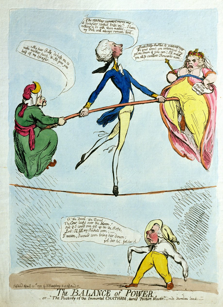 ميزان القوى ، أو الأجيال القادمة من Chatham الخالد تحول إلى "سيد الموقف" ، نشرته هانا همفري في 1791 (النقش الملون يدويًا) بواسطة جيمس جيلراي