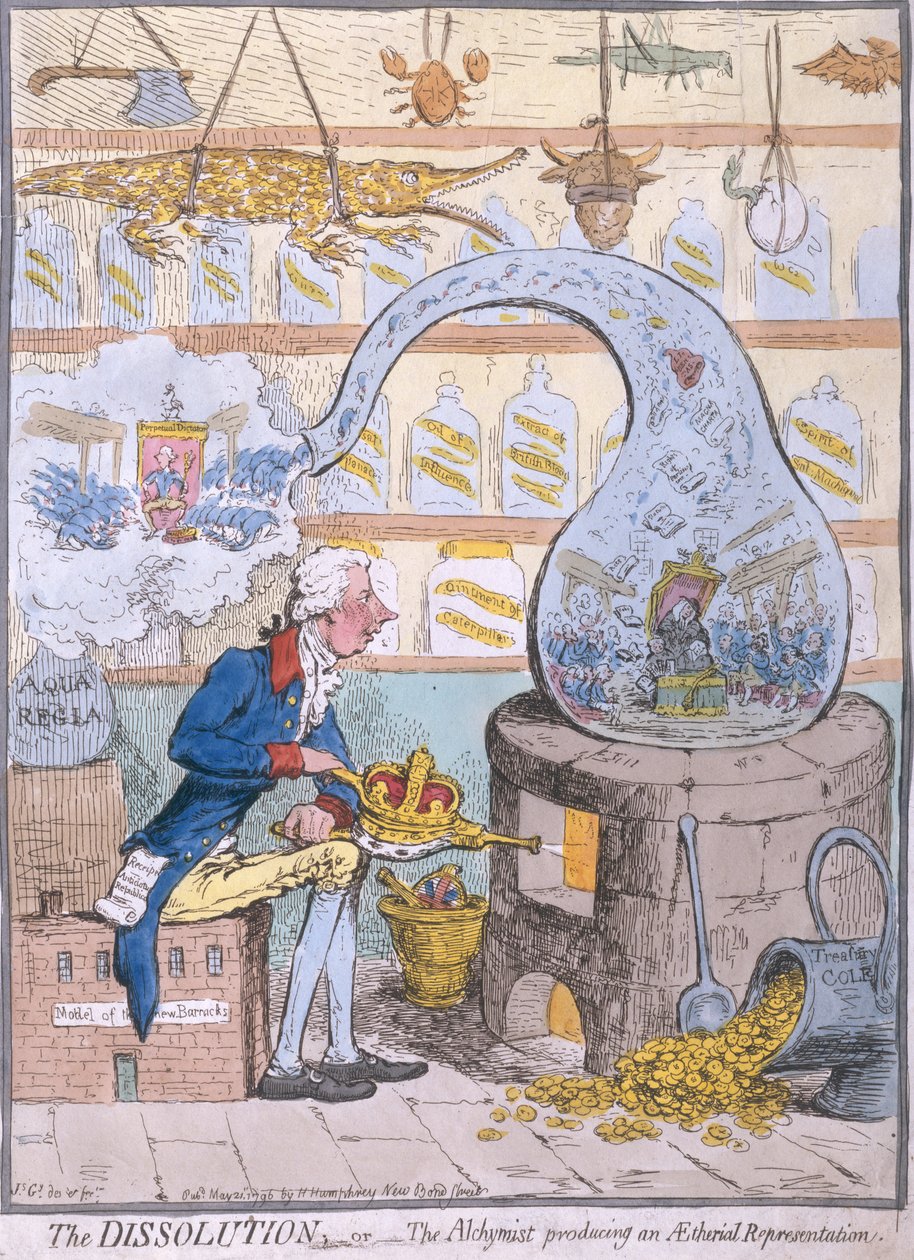 The Dissolution أو Alchymist ينتج تمثيل Aetherial ، نشرته هانا همفري في 1796 (النقش الملون يدويًا) بواسطة جيمس جيلراي