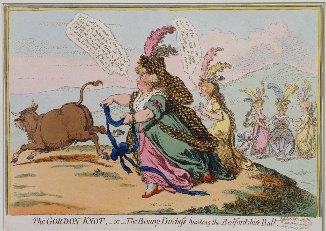 The Gordon-Knot ، أو The Bonny Duchess يصطاد بيدفورد بول ، التي نشرتها هانا همفري في 1797 (النقش الملون يدويًا) بواسطة جيمس جيلراي
