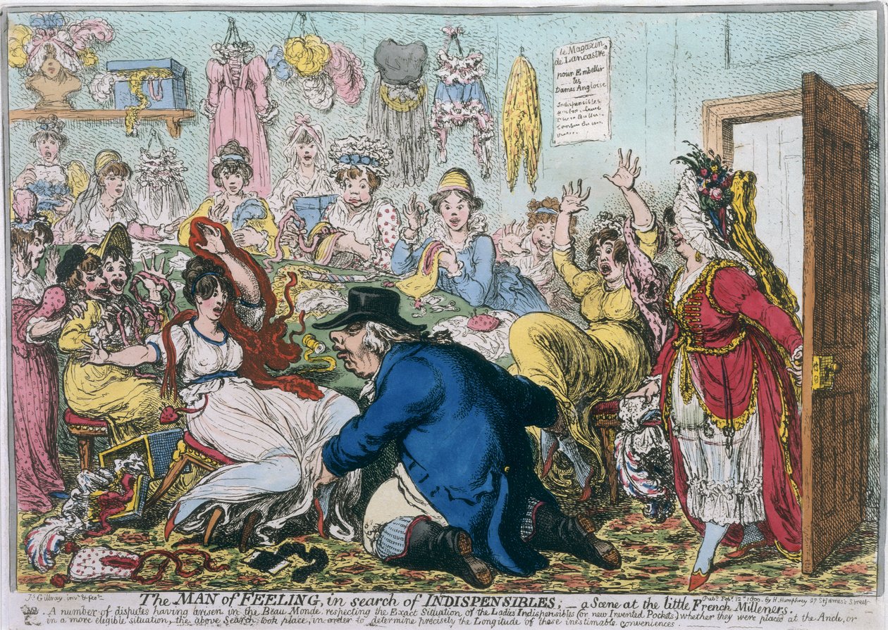The Man of Feeling Search for Indispensibles ، أو A Scene at French Milliners ، نشرته هانا همفري في عام 1800 (النقش الملون يدويًا) بواسطة جيمس جيلراي