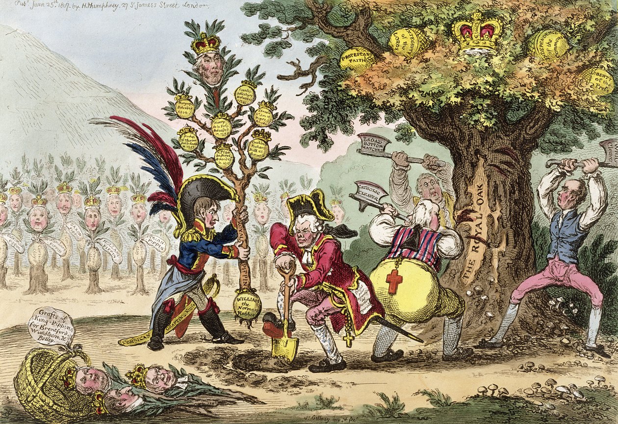 الأسرة الجديدة ، أو The Little Corsican Gardiner زرع شجرة ملكية بيبين ، نشرتها هانا همفري في عام 1807 (النقش الملون يدويًا) بواسطة جيمس جيلراي