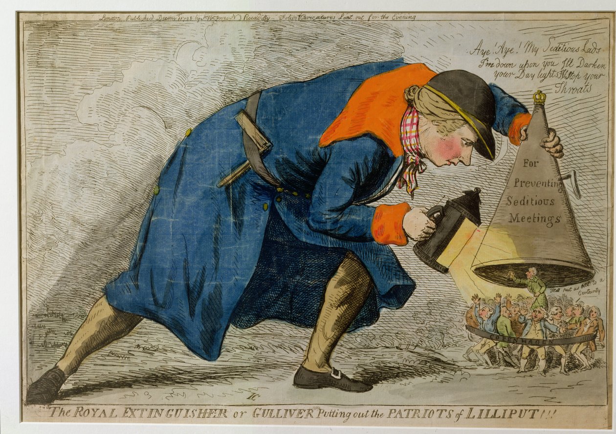 المطفأة الملكية ، أو جاليفر إخماد الوطنيين في ليليبوت ، التي نشرتها SW Fores في عام 1795 (النقش الملون يدويًا) بواسطة جيمس جيلراي