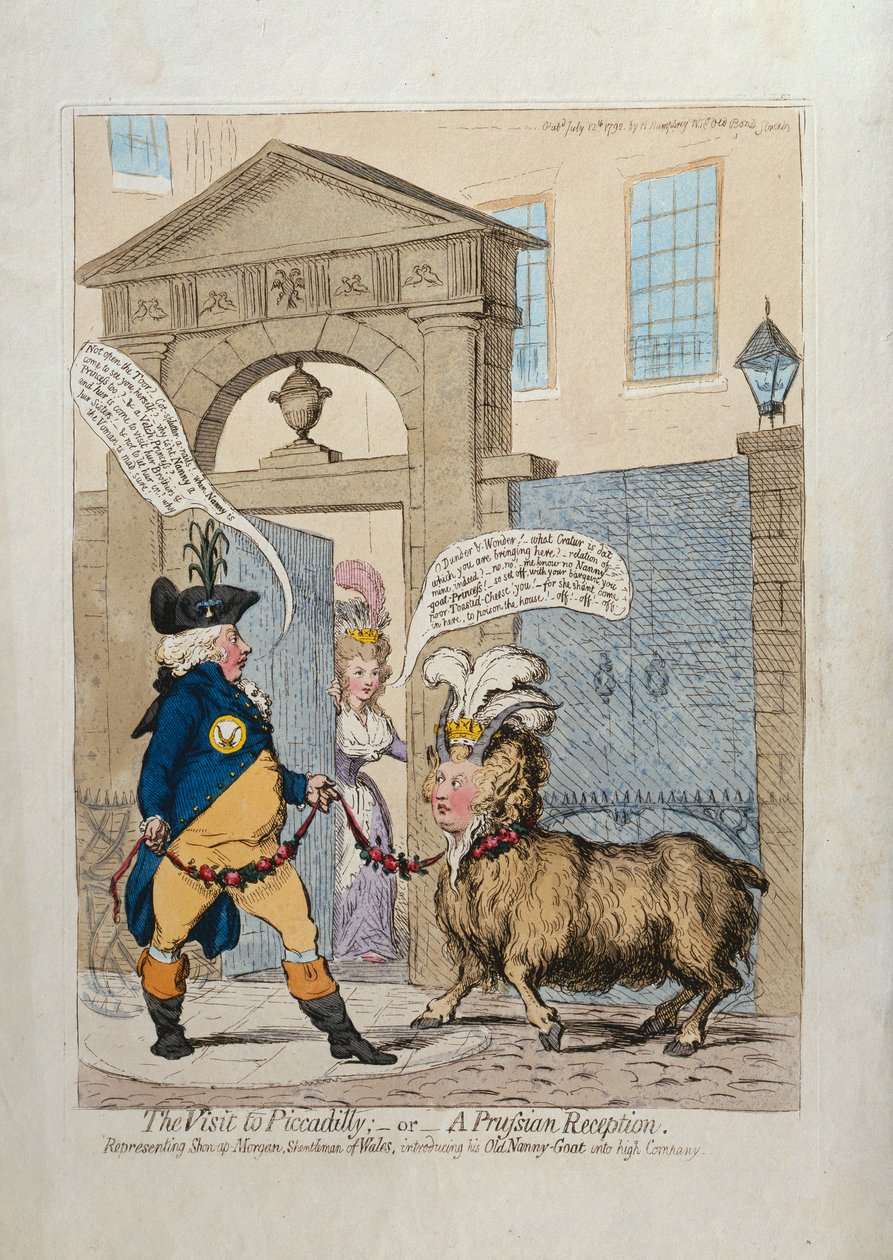الزيارة إلى بيكاديللي ، أو استقبال بروسي ، نشرته هانا همفري في 1793 (النقش الملون يدويًا) بواسطة جيمس جيلراي