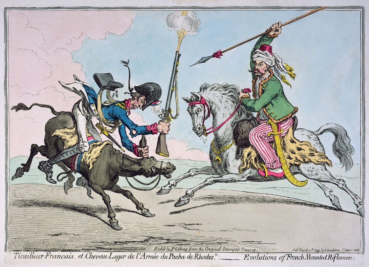 "Tirailleur Francais et Chevau leger de l&39;Armee de Pacha de Rhodes" ، نشرته Hannah Humphrey ، 1799 بواسطة جيمس جيلراي