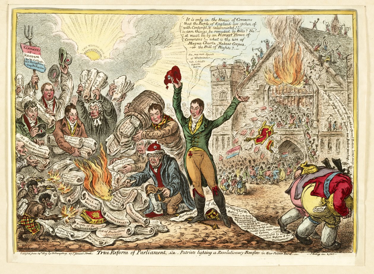 الإصلاح الحقيقي للبرلمان ، أي الوطنيون يشعلون النيران الثورية في New Palace Yard ، الحانة. هانا همفري ، 1809 (نقش يدوي) بواسطة جيمس جيلراي