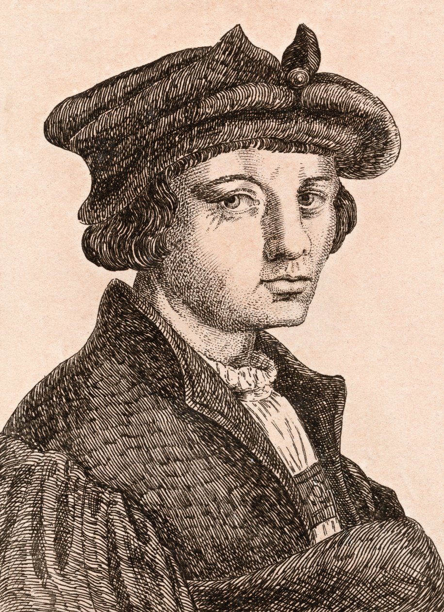 Lucas van Leyden ، رسم توضيحي من "75 صورة لرسامين مشهورين من أصول أصلية" ، نُشر في لندن ، 1817 بواسطة جيمس جيرتين