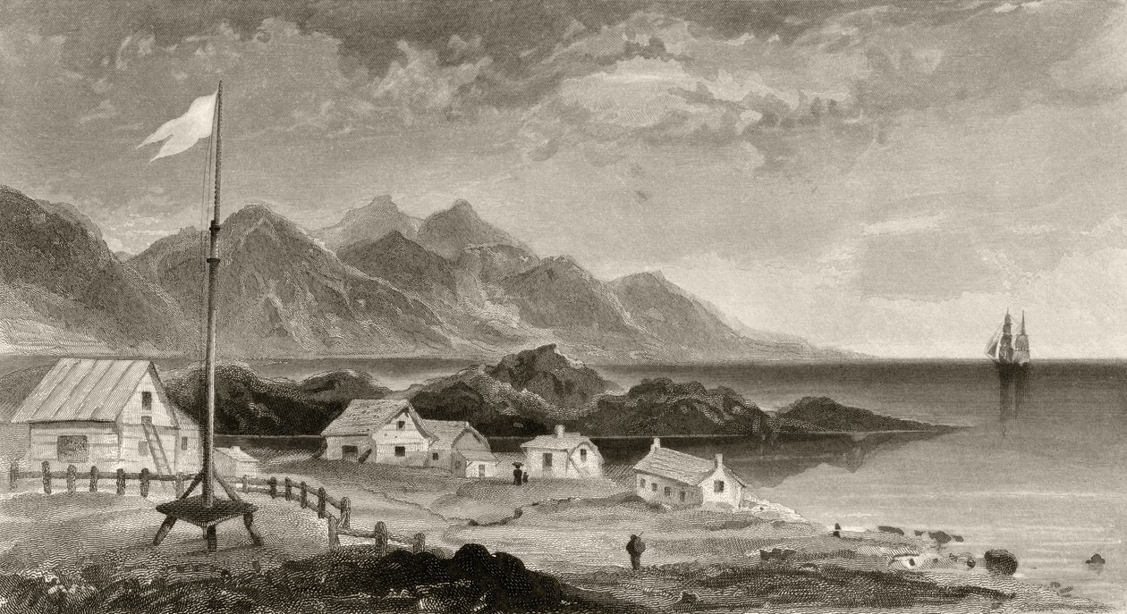 Fiskenaes من منزل الحاكم ، منقوش من قبل AW Graham ، من "استكشافات القطب الشمالي في السنوات 1853 ، 54 ، 55" ، المجلد الأول ، من قبل الدكتورة إليشا كينت كين (1820-57) نشرت فيلادلفيا ، 1856 بواسطة جيمس هاميلتون